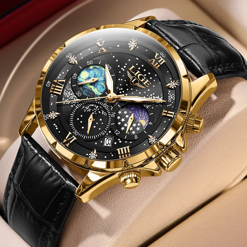 LIGE Women's Leather Chronograph — Elegant Quartz Watch with Moon Phase