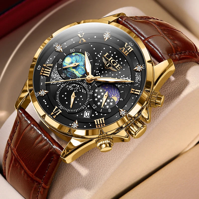 LIGE Women's Leather Chronograph — Elegant Quartz Watch with Moon Phase