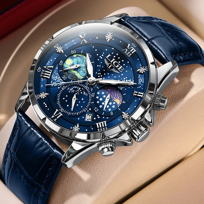 LIGE Women's Leather Chronograph — Elegant Quartz Watch with Moon Phase