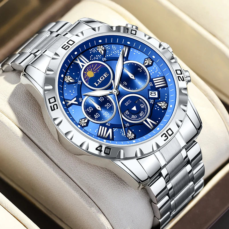 LIGE Sport Chronograph — Stainless Steel Quartz Watch