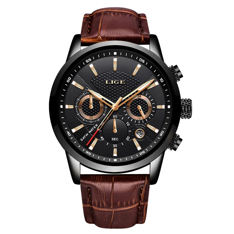 LIGE 9866 Leather Chronograph — 42mm Sport Quartz Men’s Watch