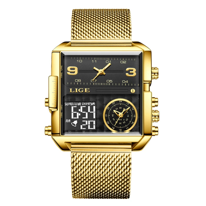 LIGE New Gold Watch Women Top Brand Luxury Creative Square Watches Ladies Fashion Dual Display Watch Relogio Feminino+BOX
