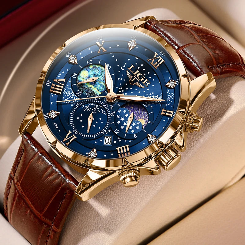 LIGE Women's Leather Chronograph — Elegant Quartz Watch with Moon Phase
