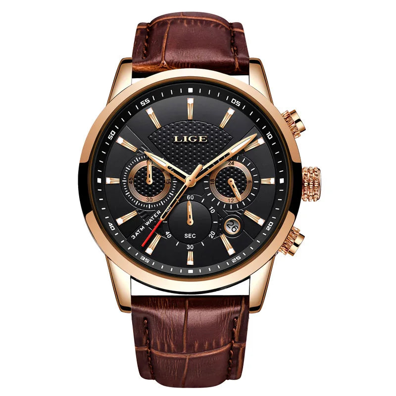 LIGE 9866 Leather Chronograph — 42mm Sport Quartz Men’s Watch